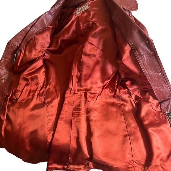 Vintage Dark Orange Leather Longline Trench Coat 70's Chic - Picture 5 of 10